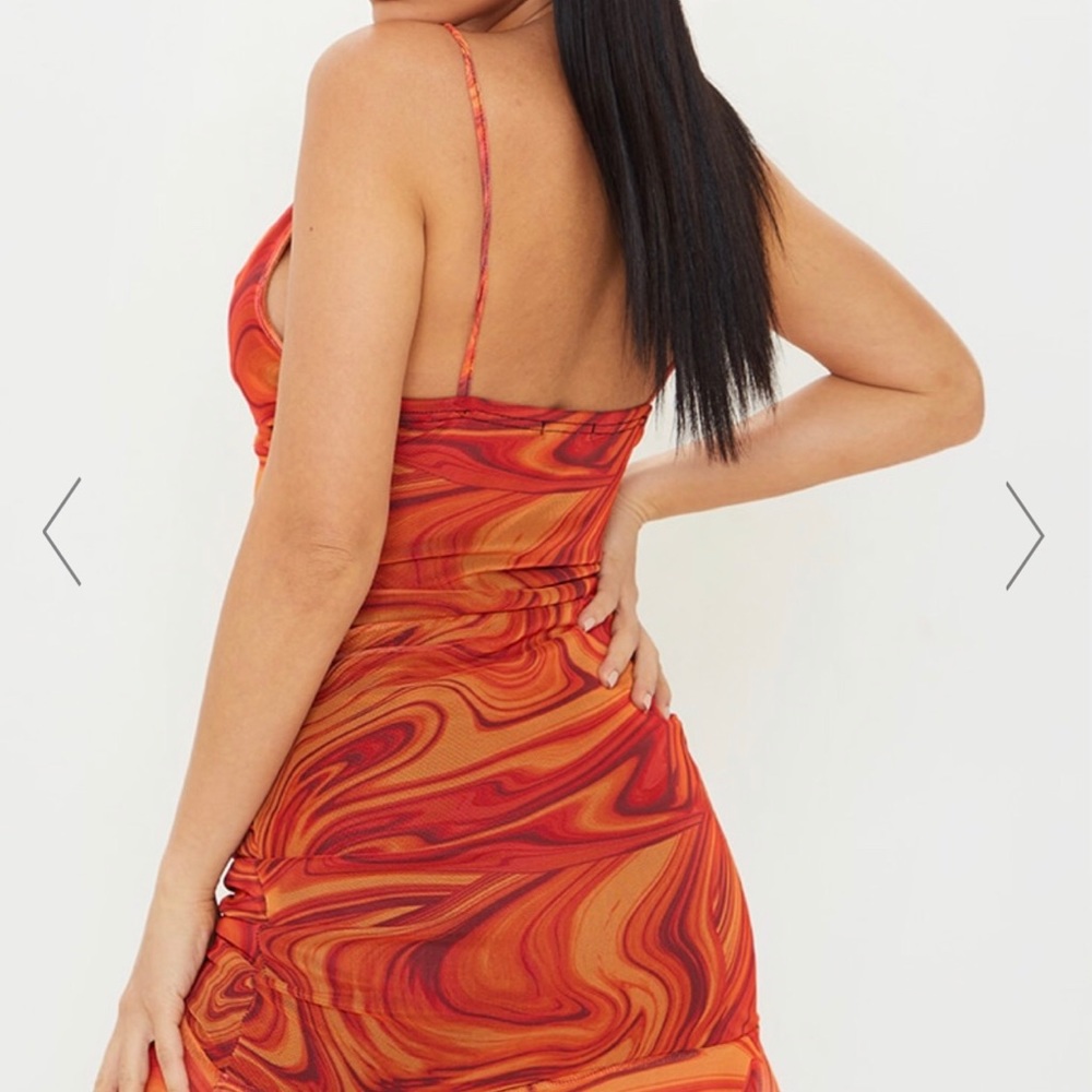 ORANGE MESH MARBLE PRINT RUCHED BODYCON DRESS - Picture 2 of 3